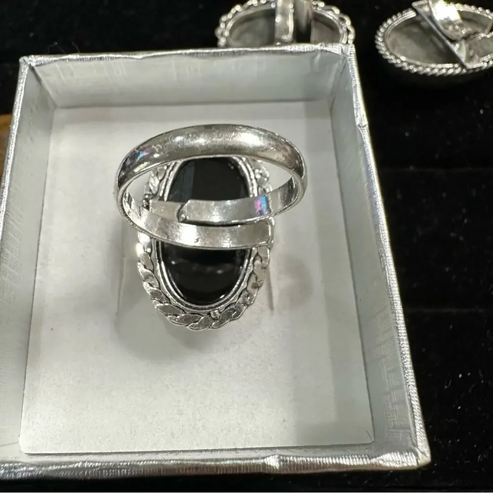 💕 Black onyx natural gemstone ring‎ silver overlay, stamped 925 adjustable - Picture 3 of 4